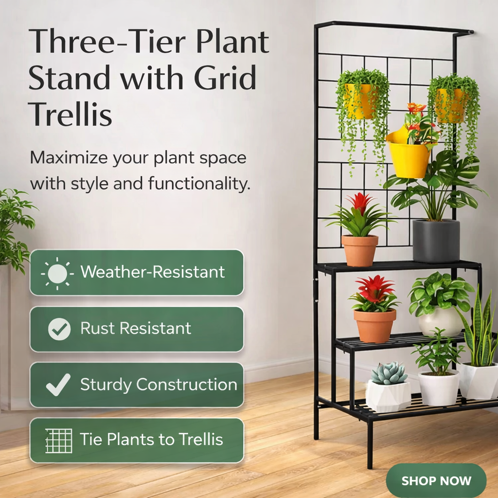 3-Tier Metal Plant Stand with Grid Trellis – 59” Tall Indoor & Outdoor Display Rack - The Urban Planters