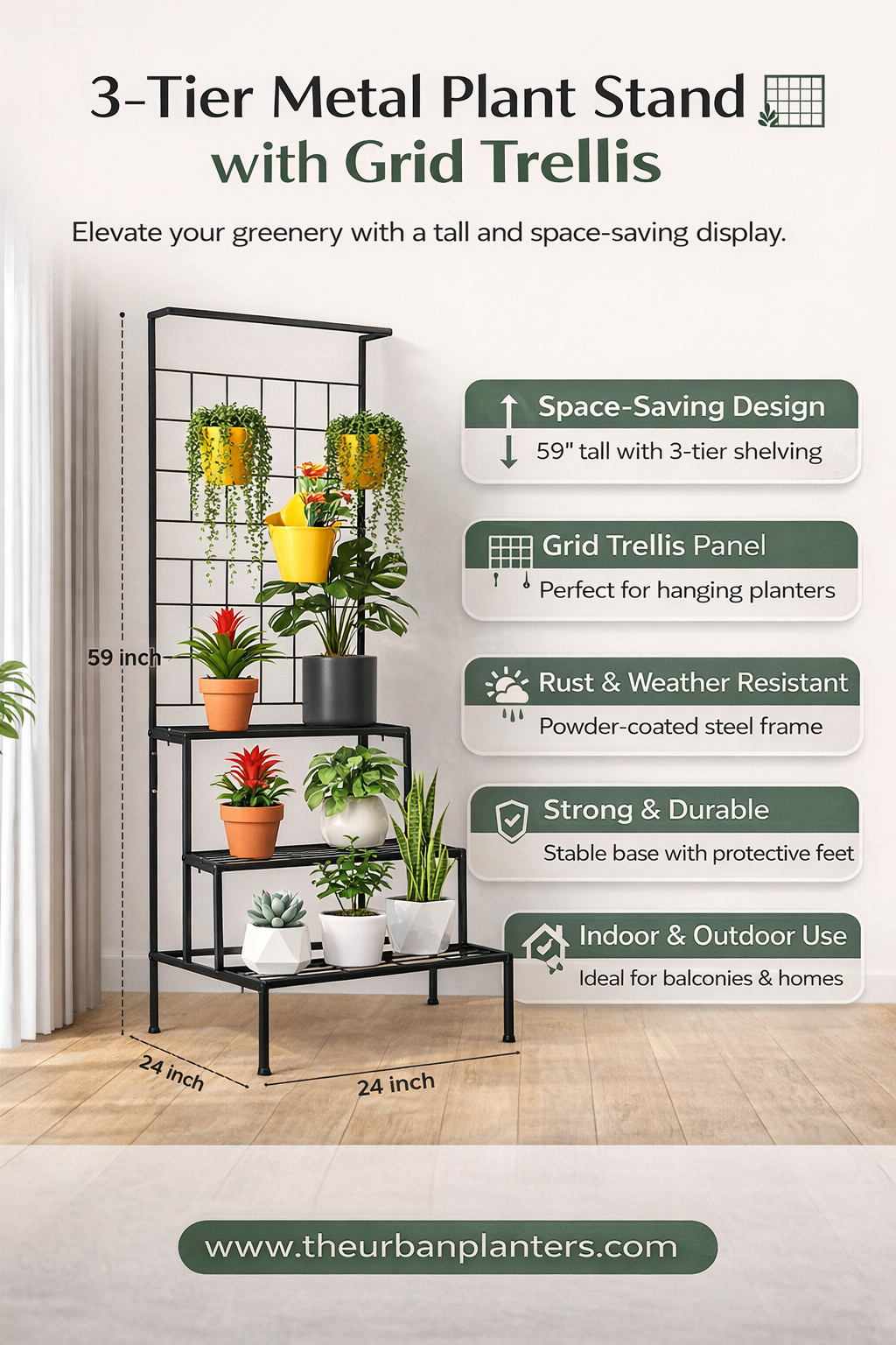 3-Tier Metal Plant Stand with Grid Trellis – 59” Tall Indoor & Outdoor Display Rack - The Urban Planters