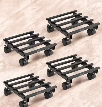 Metal Plant Pot Stand with Wheels flower pot wheel stand (Set of 4) - Black